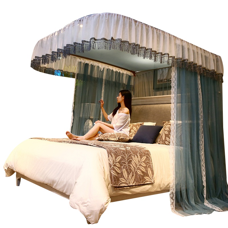 曼凝家纺 U型床帘蚊帐一体式三开门宫廷欧式遮光家用卧室带支架导轨落地式蚊帐