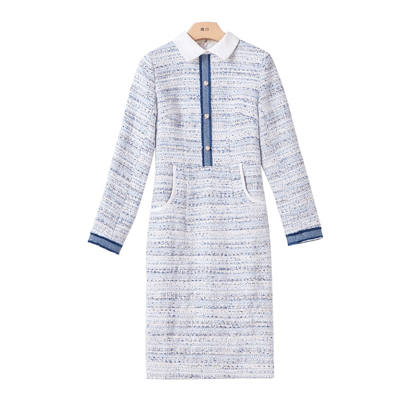 晚白 2020春新品通勤气质优雅衬衫领修身中长款包臀裙长袖连衣裙女