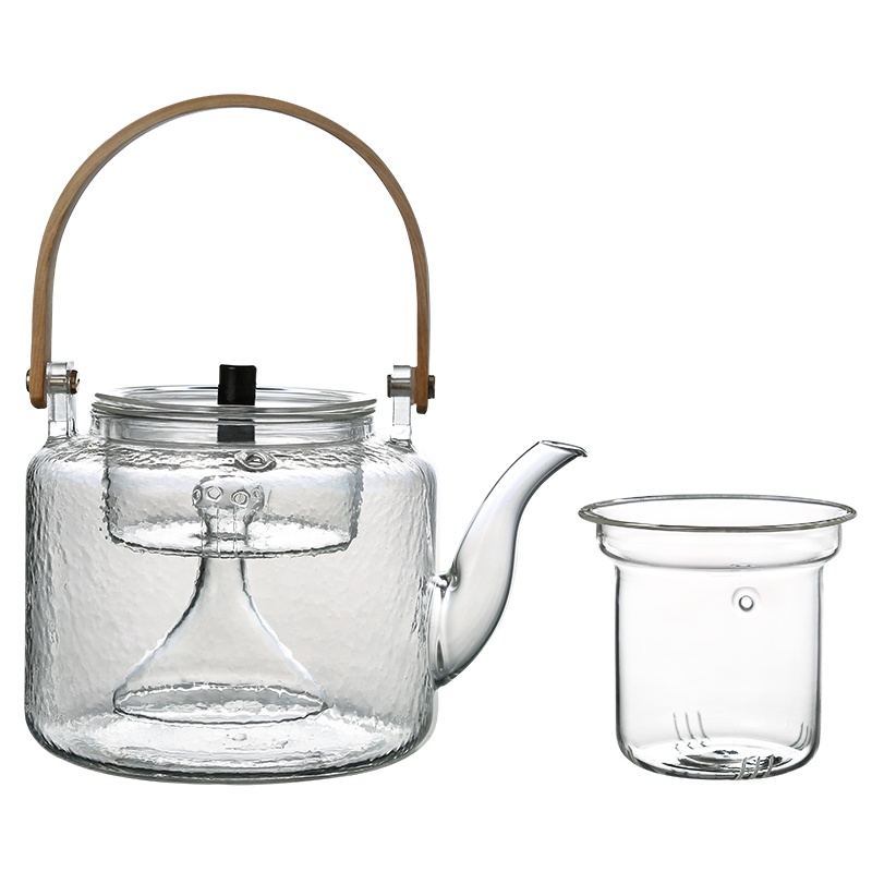 常生源 茶壶 双内胆可蒸煮耐热玻璃壶蒸汽壶提梁壶煮茶器烧茶器茶炉烧水 提梁锤纹壶