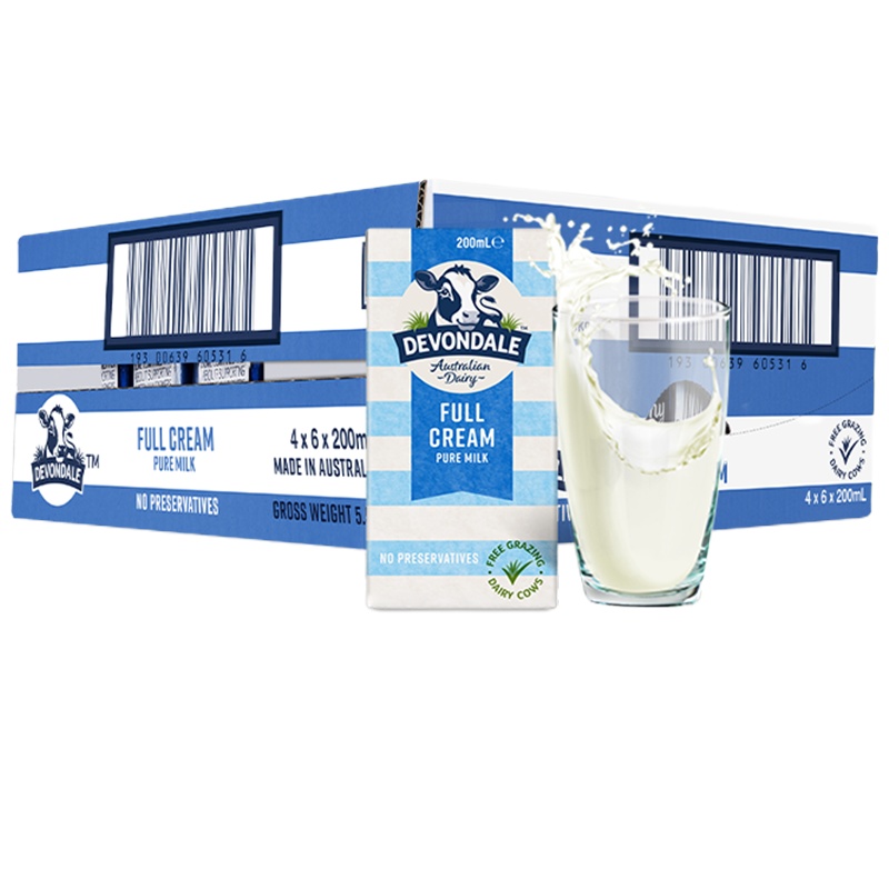 [早餐搭档]德运(Devondale)全脂纯牛奶 200ml*24盒 进口牛奶学生牛奶 UHT 箱装奶 牛奶箱装送礼礼盒