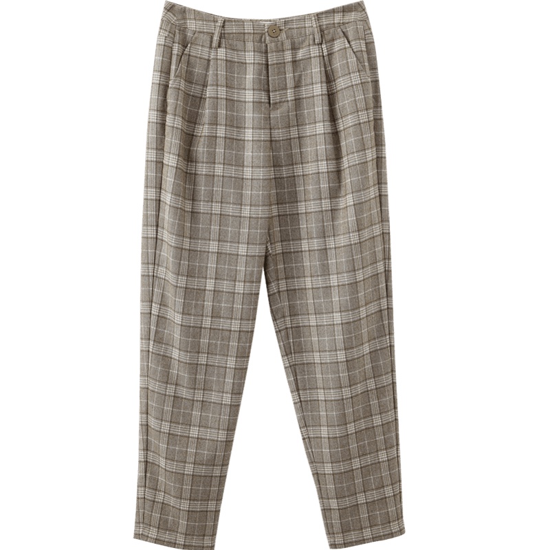 茵曼2019秋季新款文艺复古格子高腰长裤子女宽松直筒休闲哈伦裤女