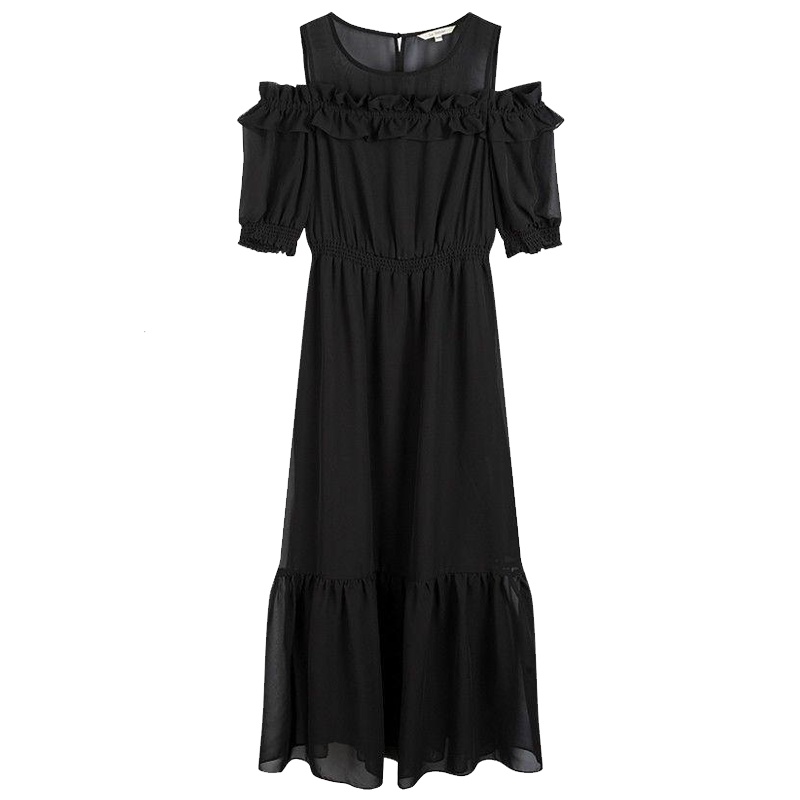 拉夏贝尔露肩雪纺连衣裙女新款黑色一字肩春秋流行长裙子_631 S 黑色