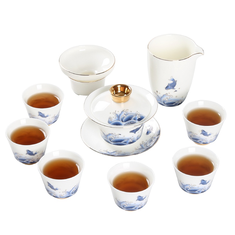 常生源 茶具套装 陶瓷功夫茶具 羊脂玉白瓷盖碗公道杯茶漏茶杯 浮雕堆花 锦鲤茶具套组