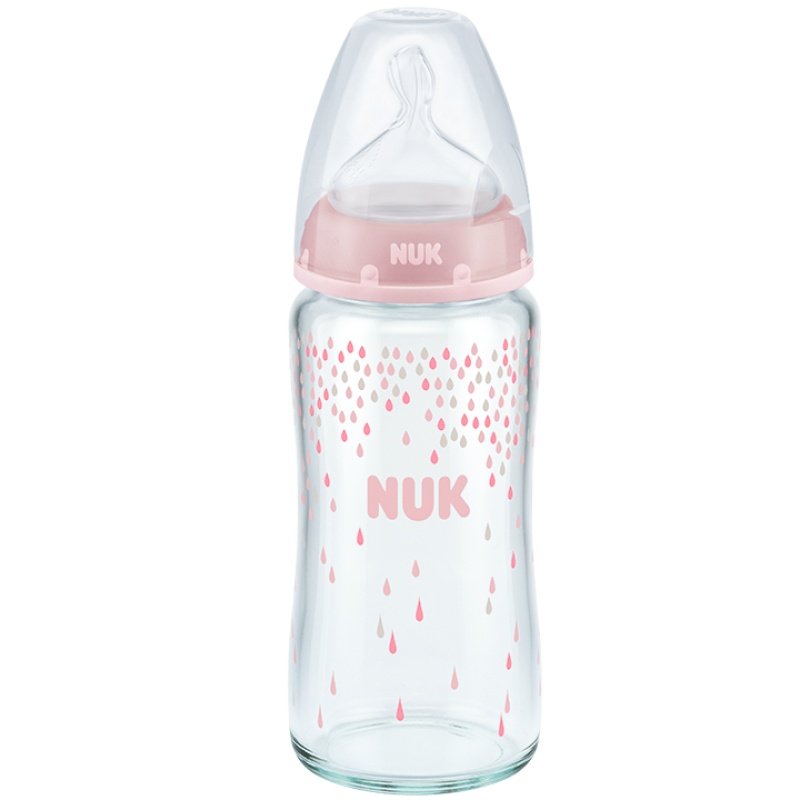 NUK耐高温240ml宽口玻璃彩色奶瓶带初生型硅胶中圆孔奶嘴