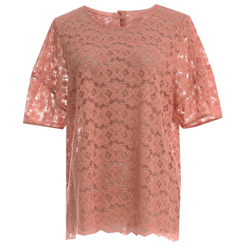 欧昵雪夏季气质圆领显瘦短袖镂空蕾丝衫女洋气小众上衣