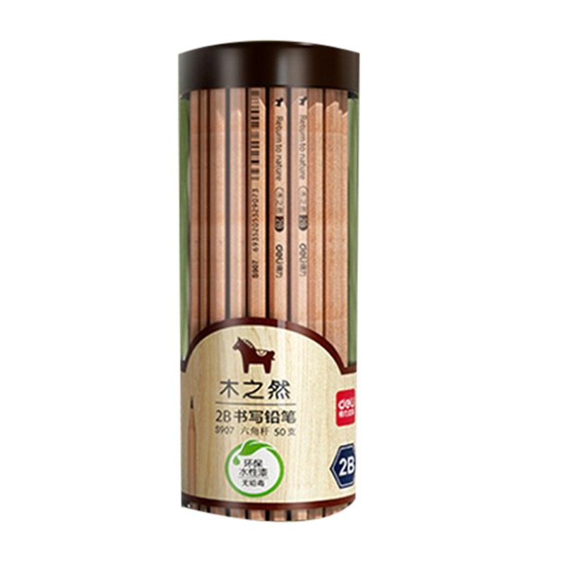 得力 S907 木之然系列六角笔杆原木2B铅笔考试专用学生铅笔 50支/桶