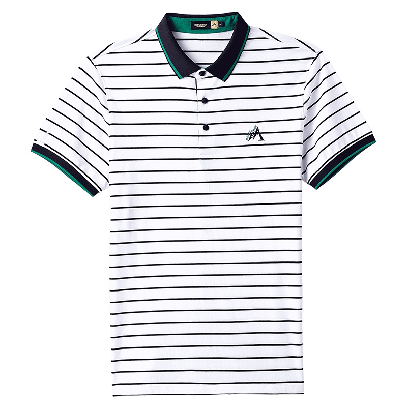 蒙蒂埃莫舒适棉弹休闲撞色横条纹男士翻领短袖T恤