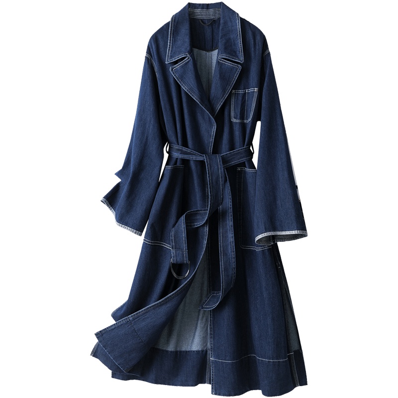 恒源祥长款宽松牛仔外套女廓形时尚纯棉风衣春秋外搭大衣收腰