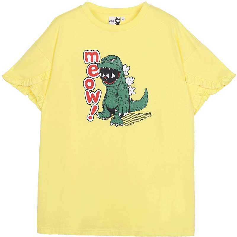 a02新款甜美少女萌趣卡通印花小众荷叶袖短袖T恤女DTU2D1231KT