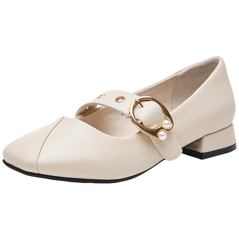 华耐女鞋2019春秋新款百搭珍珠单鞋女粗跟中跟单鞋一字带玛丽珍鞋