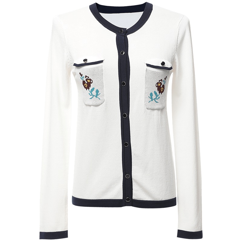 欧昵雪秋季撞色圆领绣花口袋毛衣外套修身短款针织衫女