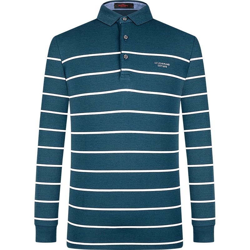 【莫代尔】柒牌男士polo衫秋季新款商务休闲条纹翻领长袖男装T恤