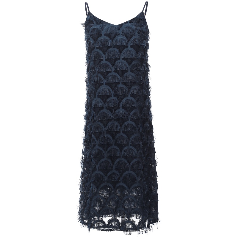 欧昵雪V领露背宽松流苏提花雪纺吊带连衣裙女打底裙