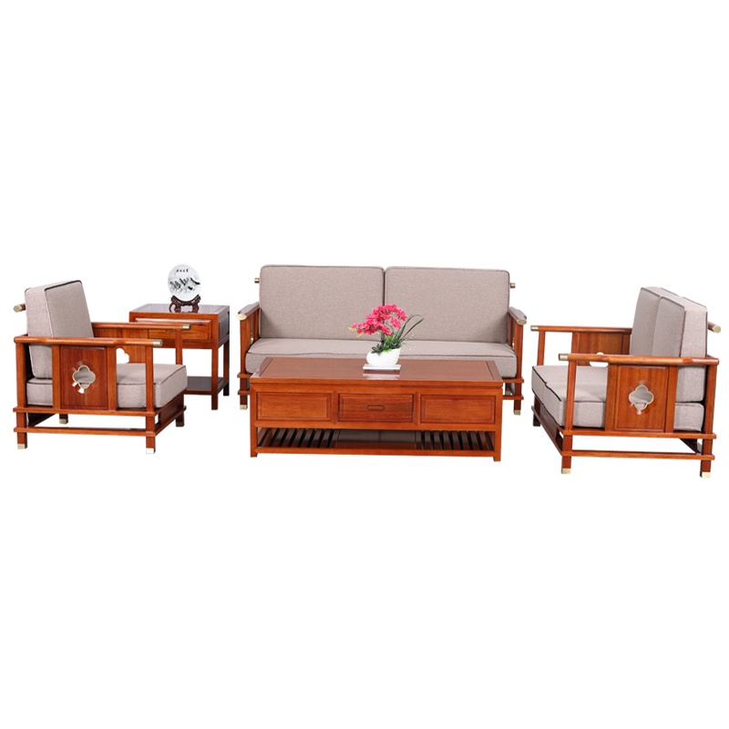 金明豪实木新中式组合沙发海棠木原木沙发别墅客厅1+2+3茶几边几现代新中式实木棉麻高档组合沙发椅