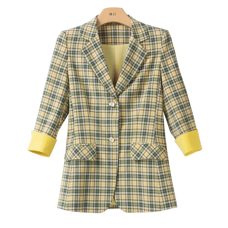晚白2021春季新品时尚简约百搭英伦风格子修身显瘦上衣西装外套女