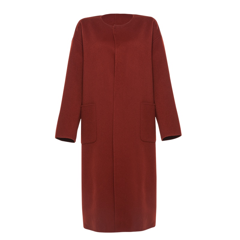 鄂尔多斯ERDOS 纯羊绒秋冬茧型无领中长款大衣女士毛衣外套