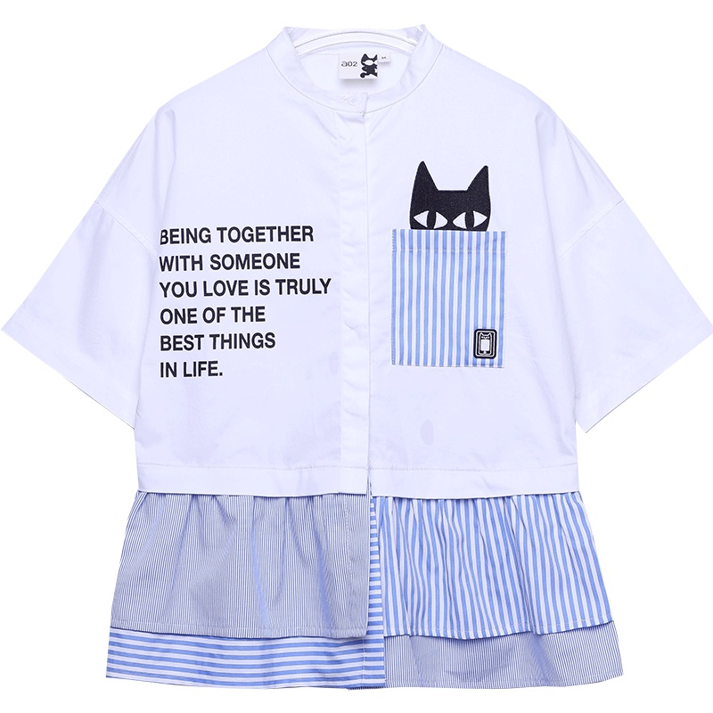 a02新款学院风印花条纹拼接荷叶边青春少女衬衫DTU2C0131BL