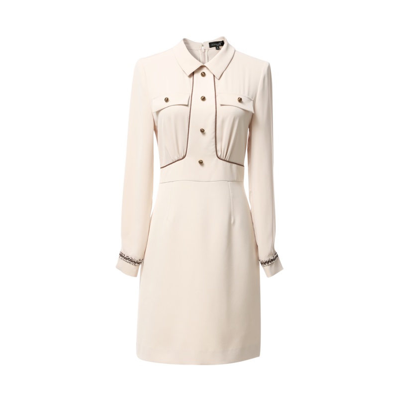 欧昵雪秋冬撞色毛边长袖衬衫连衣裙女套头显瘦直筒裙