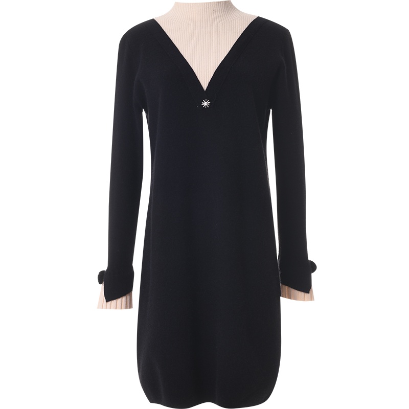 欧昵雪秋冬装半高领拼接显瘦针织连衣裙女打底毛衣裙