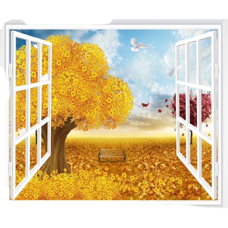 绿树成荫 大号[100cm宽x83cm高] 3D仿真立体假窗户壁画装饰画壁纸墙贴自粘风景电视背景客厅卧室