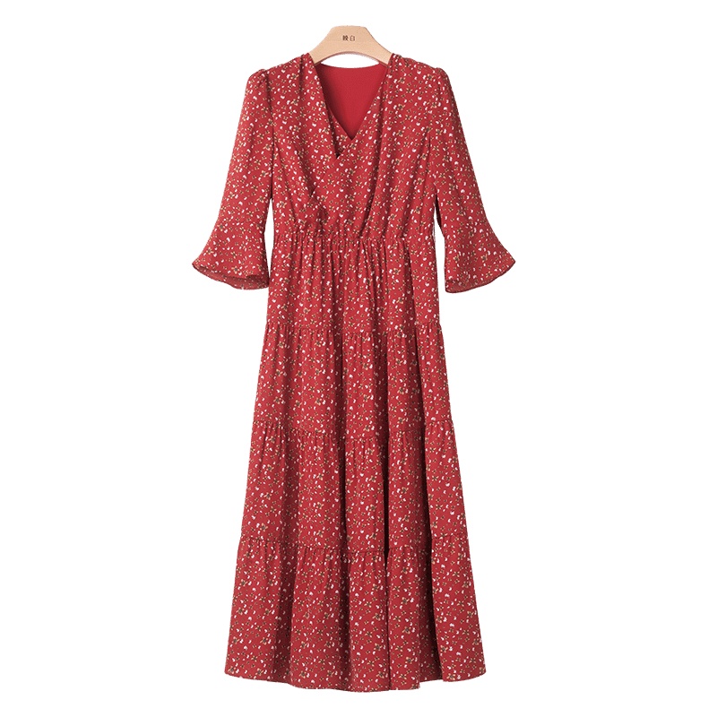 晚白2020秋新品通勤淑女印花V领修身A字中长款碎花雪纺连衣裙女