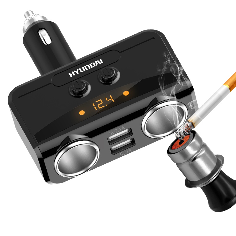 现代一拖二智能车载点烟器多功能车载充电器支持点烟HY-32 黑色