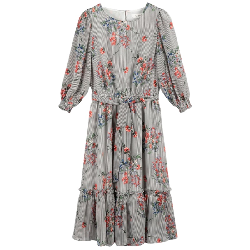 拉夏贝尔拉贝缇夏女气质仙女七分袖甜美气质碎花中长款连衣裙