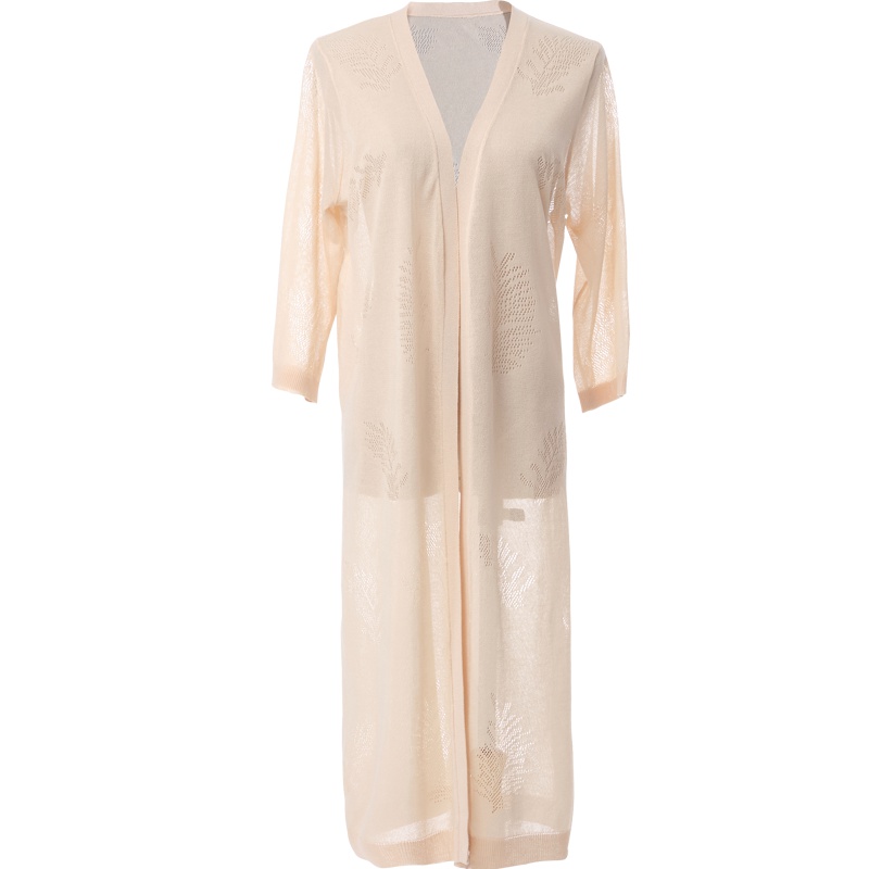 欧昵雪叶子图案镂空中长款七分袖过膝针织开衫外套女夏空调衫