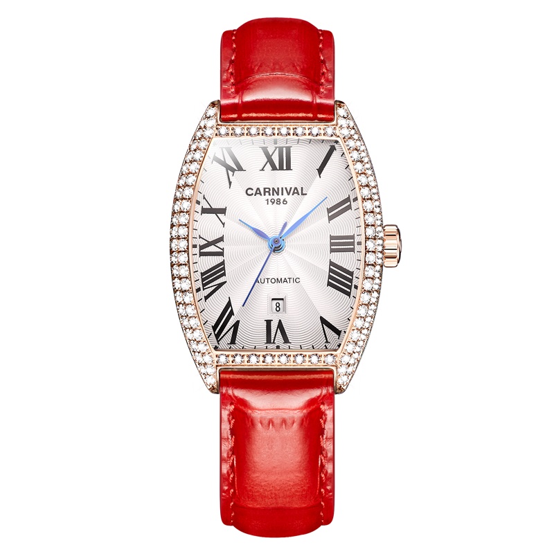 正品嘉年华Carnival手表女士全自动机械表 女表时尚潮流防水镶钻日历表真皮名牌女表新款酒桶腕表8857