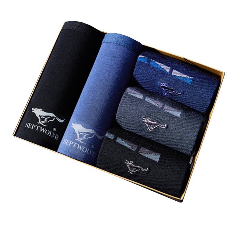 七匹狼 5件盒装舒适平角时尚棉氨男士内裤袜子男