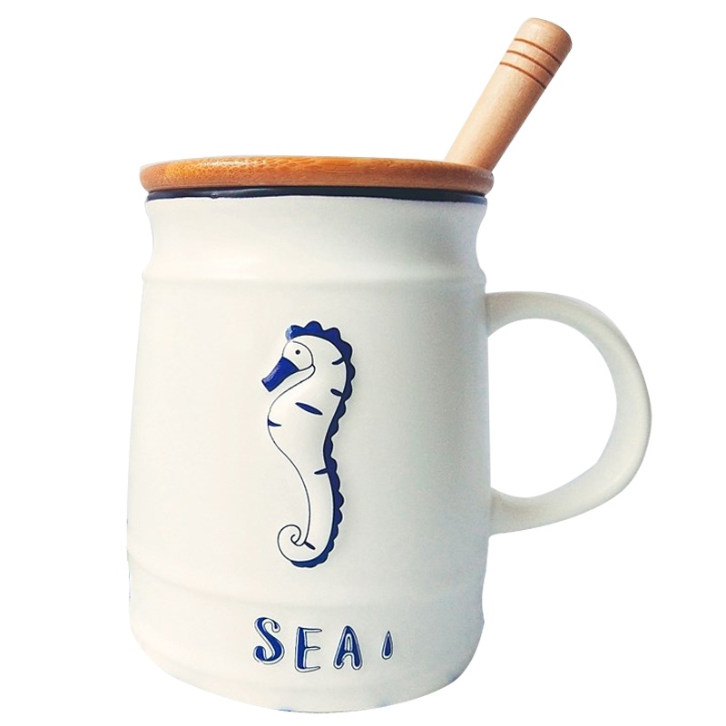 彩帮创意浮雕陶瓷杯子马克杯家用女燕麦早餐牛奶杯创意海洋风水杯带盖
