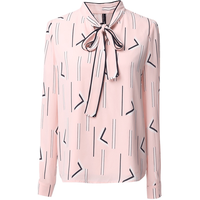 欧昵雪蝴蝶结系带立领套头衬衣女长袖印花OL衬衫上衣