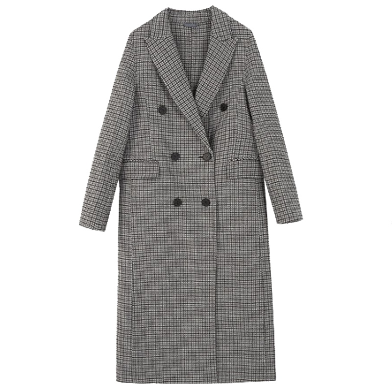 拉夏贝尔冬季新款复古双面呢中长款格子直筒显瘦双排扣毛呢外套女10017961