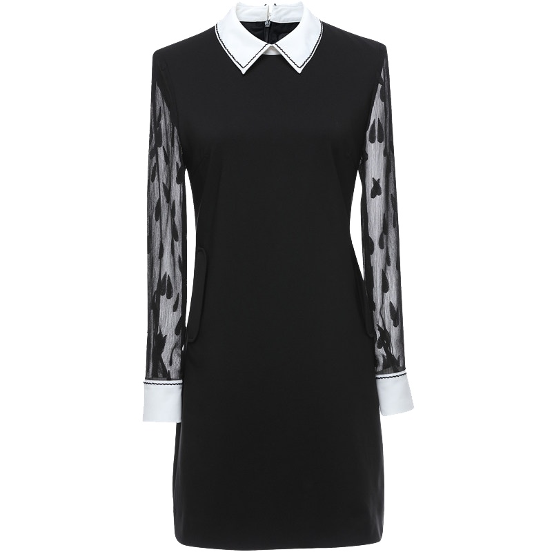 欧昵雪秋装撞色领显瘦网纱拼接长袖连衣裙女短裙