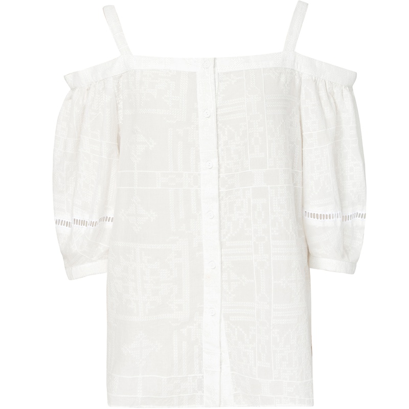 伊芙丽夏季衬衣一字肩小上衣泡泡袖宽松白衬衫女韩范