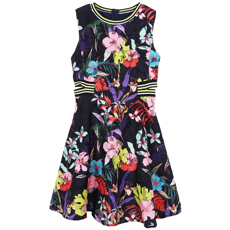 马克华菲女装2018夏季无袖背心裙女 束腰chic碎花连衣裙