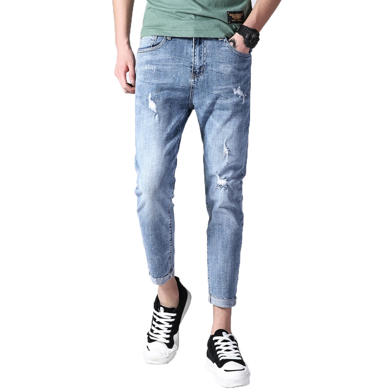 超音狼春夏款 九分破洞毛边卷边裤脚弹力牛仔裤WJD-3030