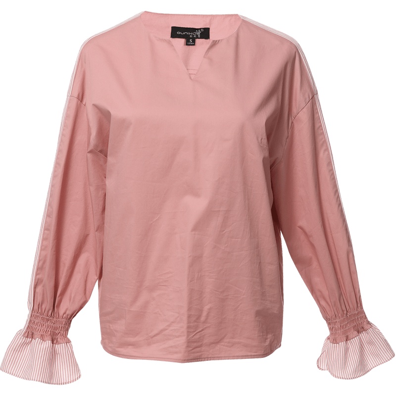 欧昵雪半开领上衣女条纹喇叭袖套头衬衣长袖宽松时尚小衫