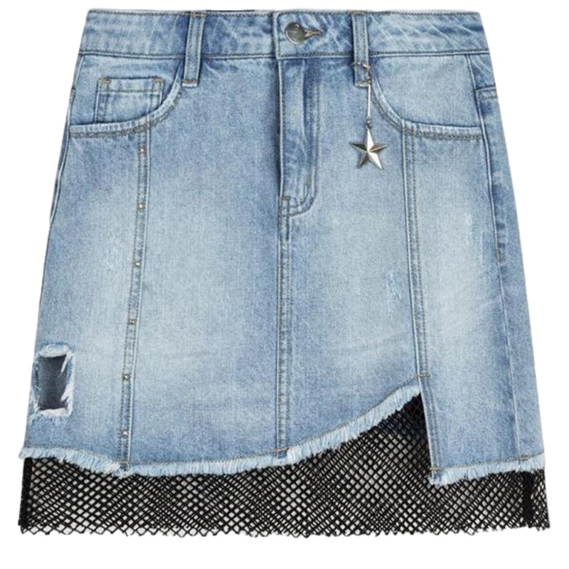 拉夏贝尔夏装显瘦牛仔裙女拼接网纱毛边a字短裙不规则10013966