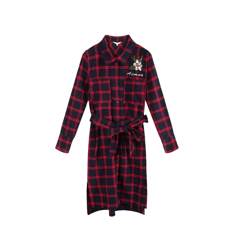 拉贝缇连衣裙女衬衫女学生韩版宽松春季新款打底格子中长60006124