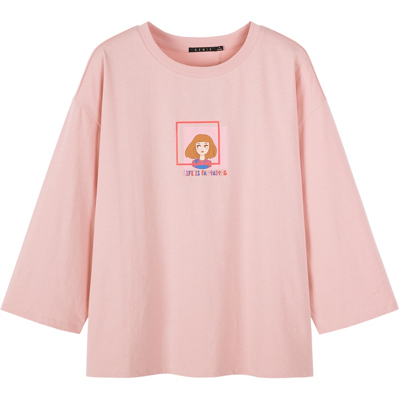 Semir森马宽松T恤女2019秋季新款印花套头纯棉少女潮t恤显瘦七分袖上衣