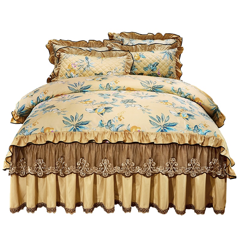 吉岳Giyou臻丝棉活性印花夹棉绗缝秋冬保暖床裙四件套