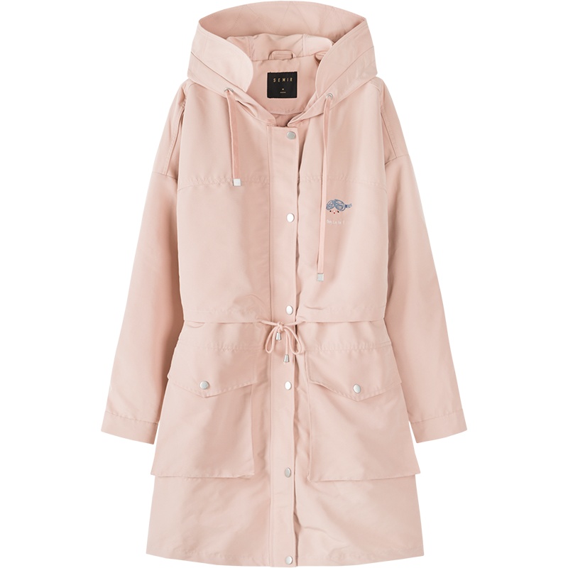 Semir森马中长款风衣女2019秋季新款oversize连帽抽绳刺绣外套韩版宽松