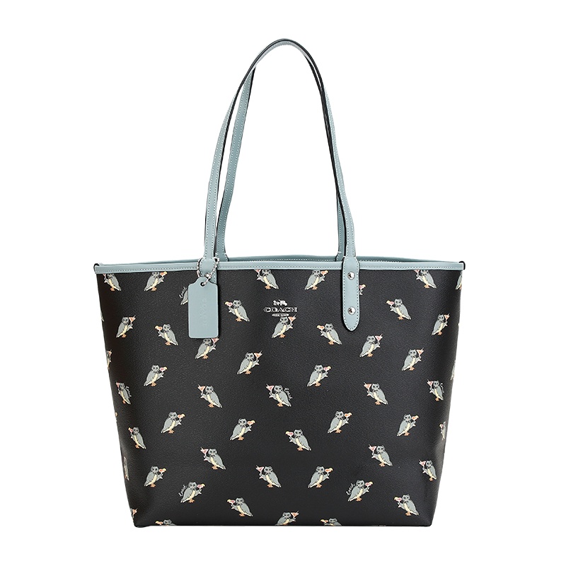 自营 新品 COACH 蔻驰 品 欧美时尚女士动物派对系列卡其图案款人造革双面手提单肩包托特包