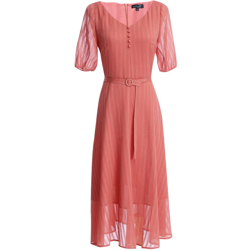 欧昵雪夏季灯笼袖气质V领系带高腰条纹雪纺连衣裙女短袖