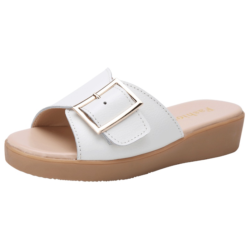 朴尼斯(Pounise)真皮拖鞋时尚凉鞋女韩版百搭平底外穿一字坡简约女拖鞋 HB59-1918