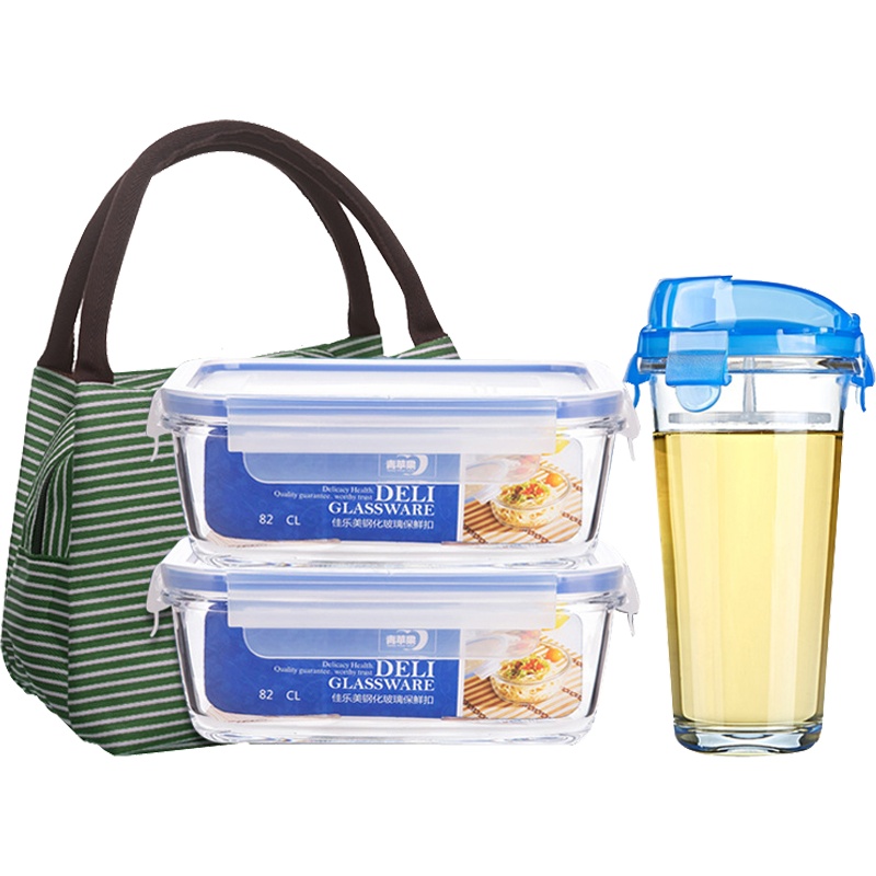 青苹果上班族玻璃饭盒微波炉加热专用保鲜盒钢化玻璃便当带盖餐碗套装收纳盒