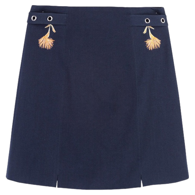 N拉夏贝尔短裙新款春夏季女学生裙子气质刺绣包臀藏青a字高腰半身裙潮