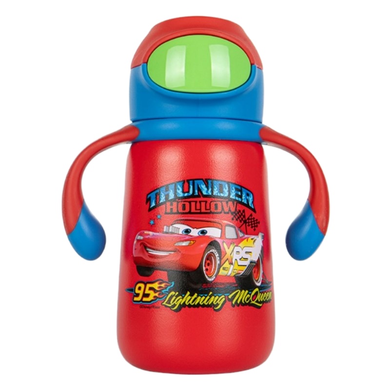 迪士尼可爱儿童保温杯316不锈钢婴儿带手柄保温奶瓶便携学生吸管水杯子-红色汽车火焰大按钮真空防喷学饮杯套装