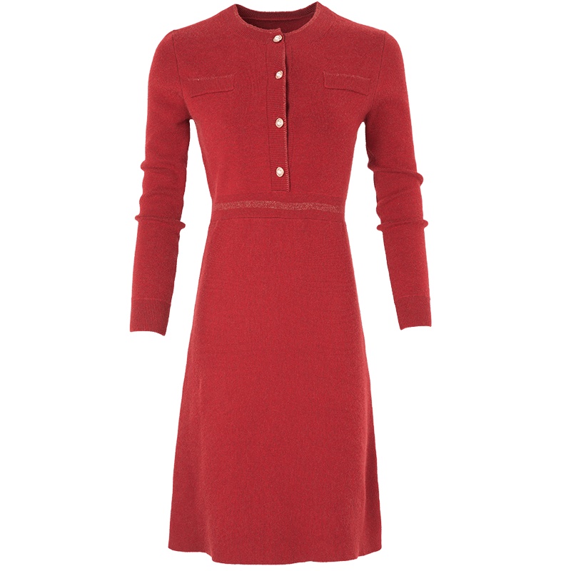 晚白2020冬季新品简约圆领长袖修身显瘦A字纯色针织打底连衣裙女